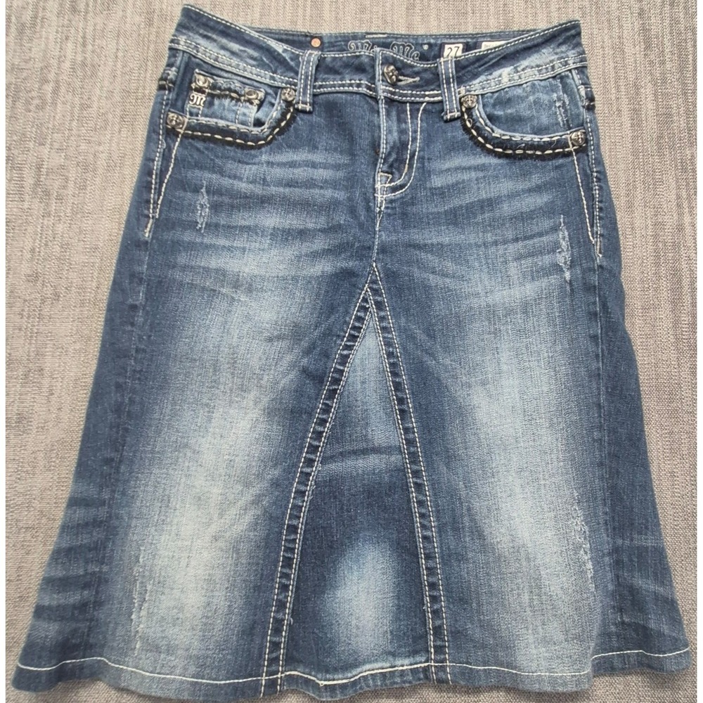 Miss Me Denim maxi Upcycled Skirt women's 27 blue embellished flap pockets Y2K
